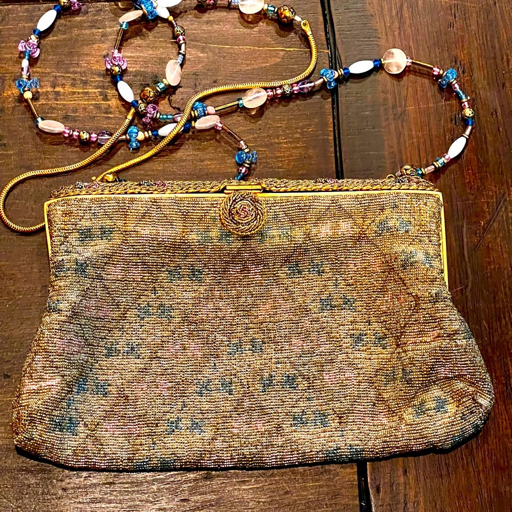 Vintage French Floral Micro Beaded Purse Handbag by E. Grillot Paris France